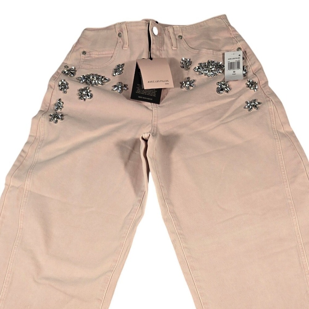 Avec Les Filles Pink Rhinestone Embellished Wide Leg Jeans Size 30 NWT